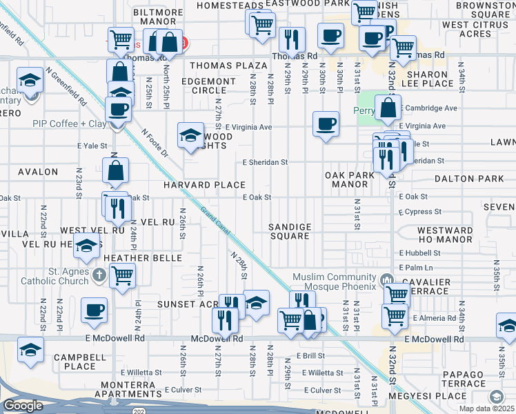 map of restaurants, bars, coffee shops, grocery stores, and more near 2230 North 28th Street in Phoenix