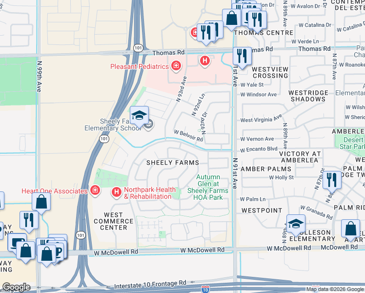 map of restaurants, bars, coffee shops, grocery stores, and more near 9310 West Rascon Loop in Phoenix