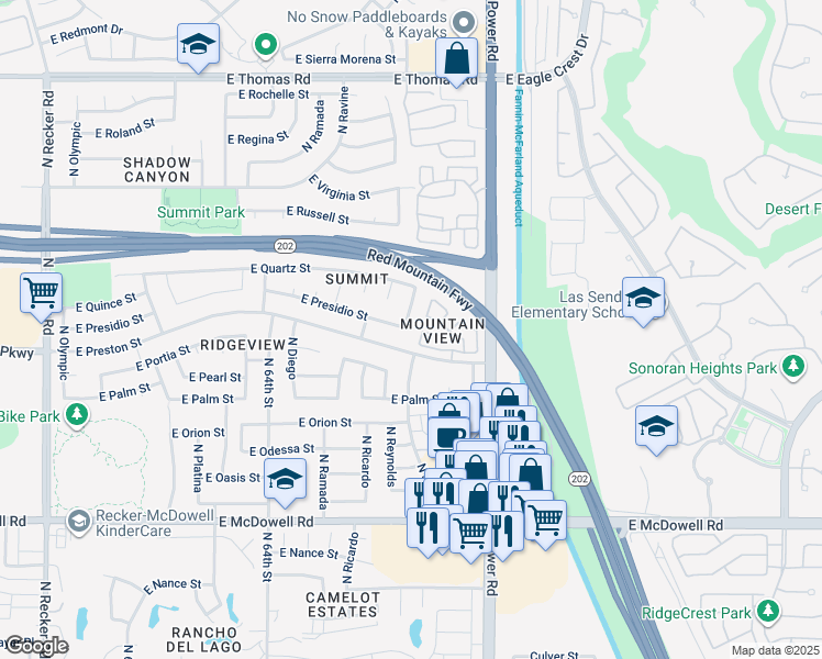 map of restaurants, bars, coffee shops, grocery stores, and more near 3203 North Saffron in Mesa