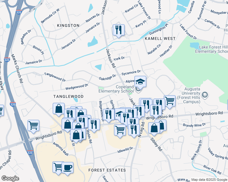 map of restaurants, bars, coffee shops, grocery stores, and more near 1409 Ridgewood Dr in Augusta