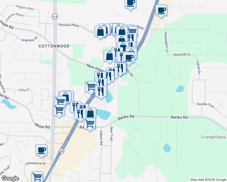 map of restaurants, bars, coffee shops, grocery stores, and more near 959-1199 Glynn Street North in Fayetteville