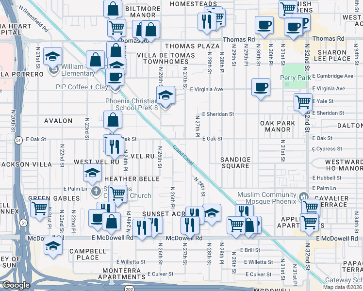 map of restaurants, bars, coffee shops, grocery stores, and more near 2222 North 27th Street in Phoenix