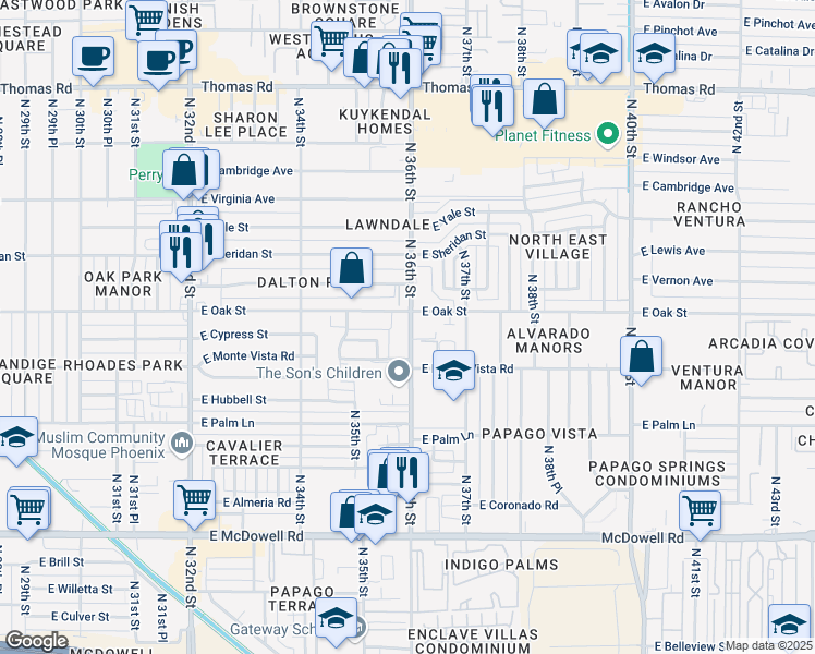 map of restaurants, bars, coffee shops, grocery stores, and more near 2232 N 36th St in Phoenix