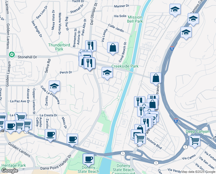 map of restaurants, bars, coffee shops, grocery stores, and more near 33762 Captains Lane in Dana Point
