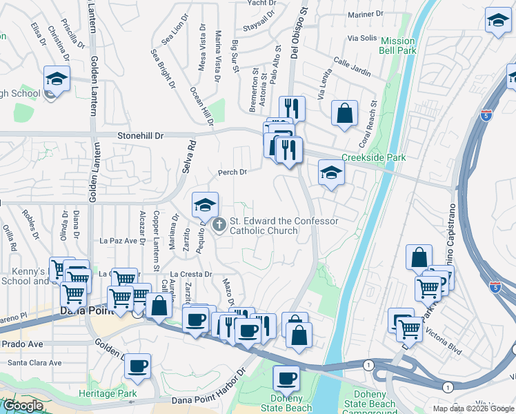 map of restaurants, bars, coffee shops, grocery stores, and more near 18 Indigo Way in Dana Point