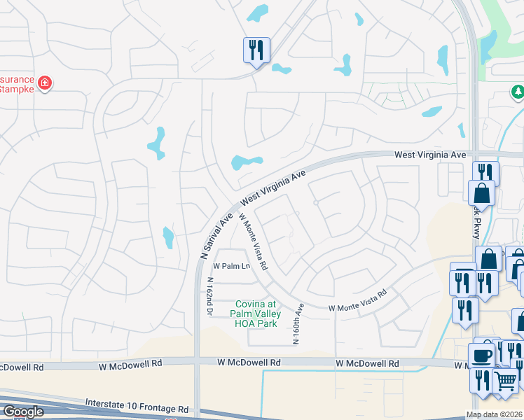 map of restaurants, bars, coffee shops, grocery stores, and more near 16077 West Ashland Avenue in Goodyear