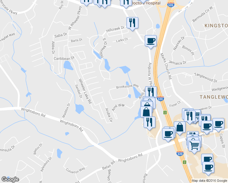 map of restaurants, bars, coffee shops, grocery stores, and more near 1224 Brookstone Way in Augusta