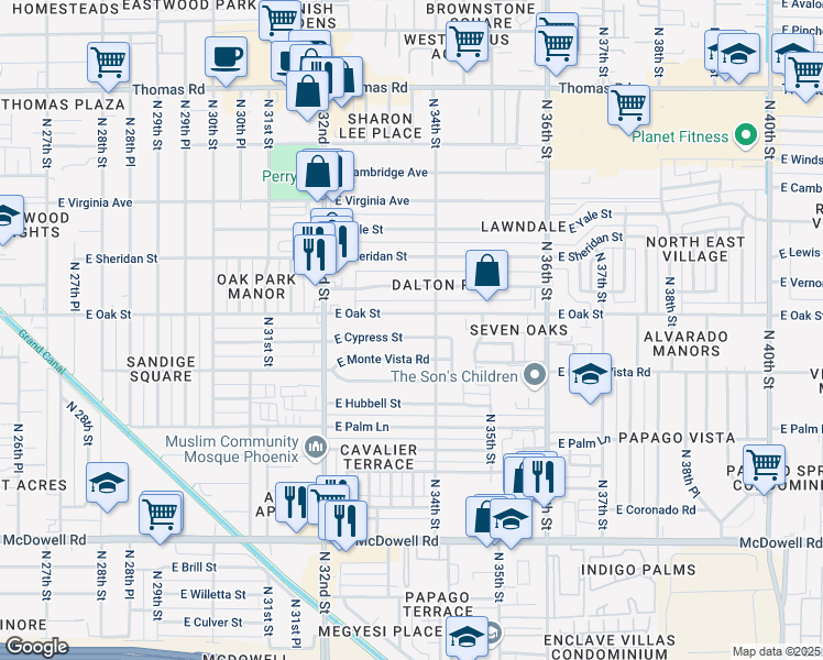map of restaurants, bars, coffee shops, grocery stores, and more near 3330 East Cypress Street in Phoenix