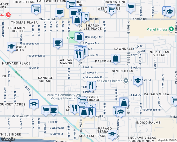 map of restaurants, bars, coffee shops, grocery stores, and more near 3244 East Cypress Street in Phoenix