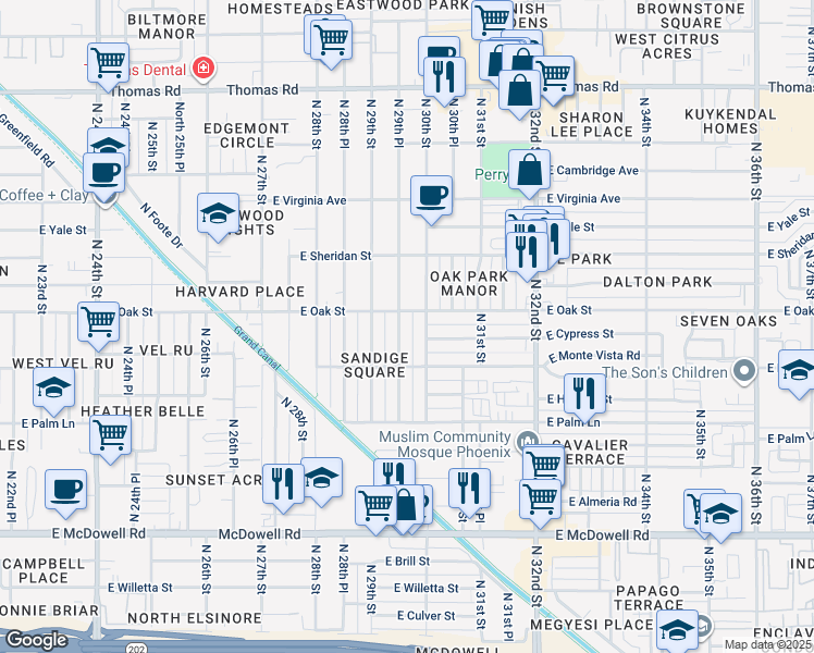map of restaurants, bars, coffee shops, grocery stores, and more near 2232 North 29th Place in Phoenix