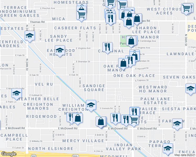map of restaurants, bars, coffee shops, grocery stores, and more near 2232 North 29th Place in Phoenix