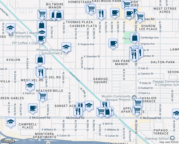 map of restaurants, bars, coffee shops, grocery stores, and more near 2230 North 28th Street in Phoenix