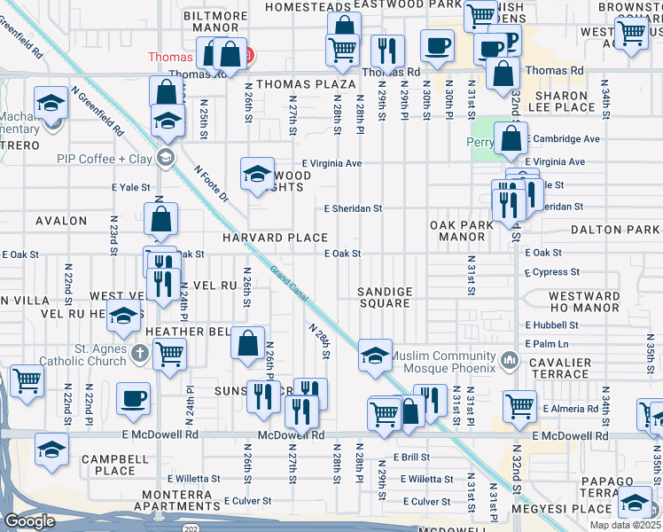 map of restaurants, bars, coffee shops, grocery stores, and more near 2230 North 28th Street in Phoenix