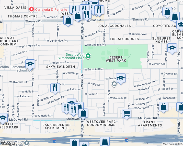 map of restaurants, bars, coffee shops, grocery stores, and more near 6608 West Cypress Street in Phoenix