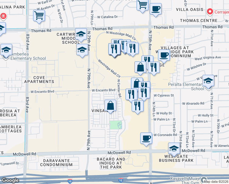 map of restaurants, bars, coffee shops, grocery stores, and more near 7724 West Pipestone Place in Phoenix