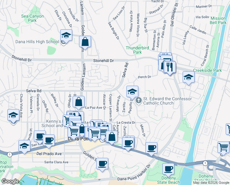 map of restaurants, bars, coffee shops, grocery stores, and more near 33751 Calle La Primavera in Dana Point