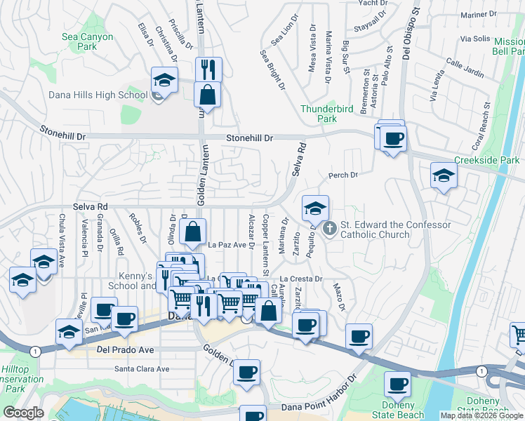 map of restaurants, bars, coffee shops, grocery stores, and more near 33752 Alcazar Drive in Dana Point