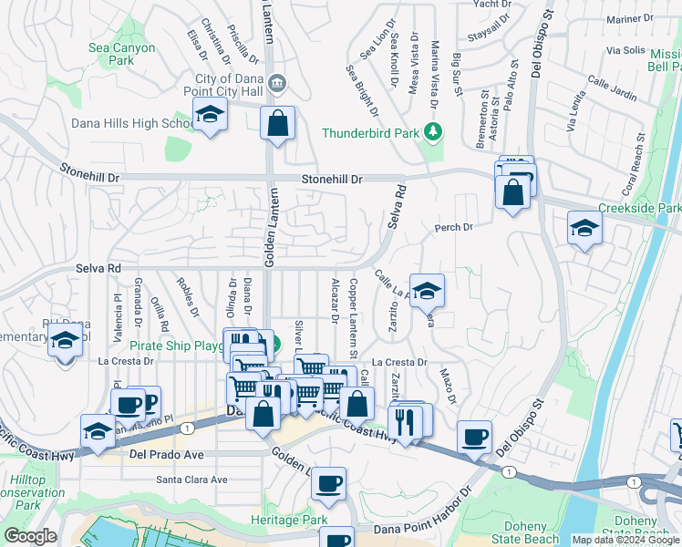 map of restaurants, bars, coffee shops, grocery stores, and more near 33752 Alcazar Drive in Dana Point