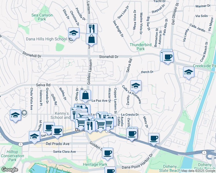 map of restaurants, bars, coffee shops, grocery stores, and more near 33752 Alcazar Drive in Dana Point