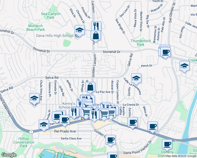 map of restaurants, bars, coffee shops, grocery stores, and more near in Dana Point