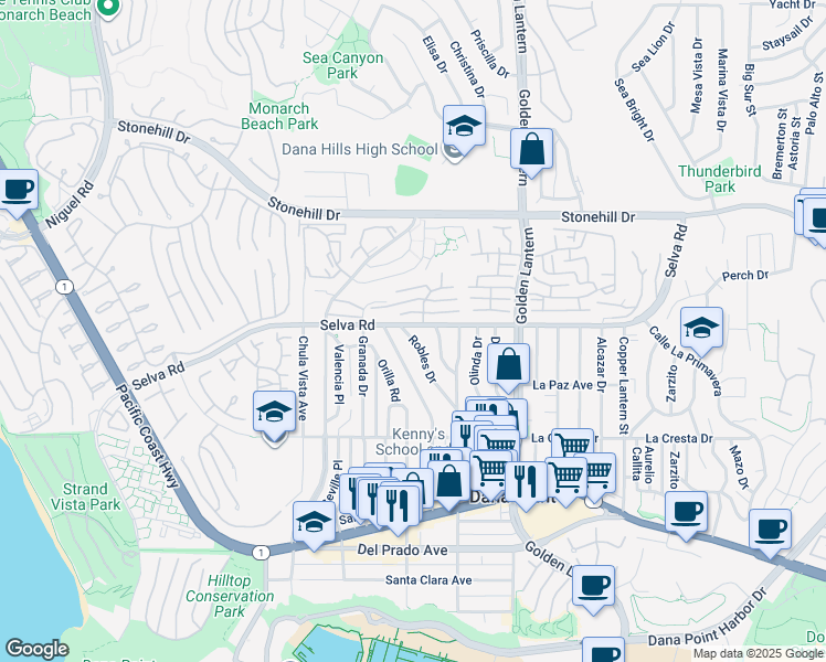 map of restaurants, bars, coffee shops, grocery stores, and more near 33792 Robles Drive in Dana Point