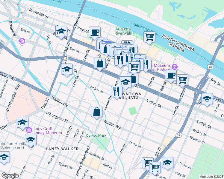 map of restaurants, bars, coffee shops, grocery stores, and more near 500 James Brown Boulevard in Augusta