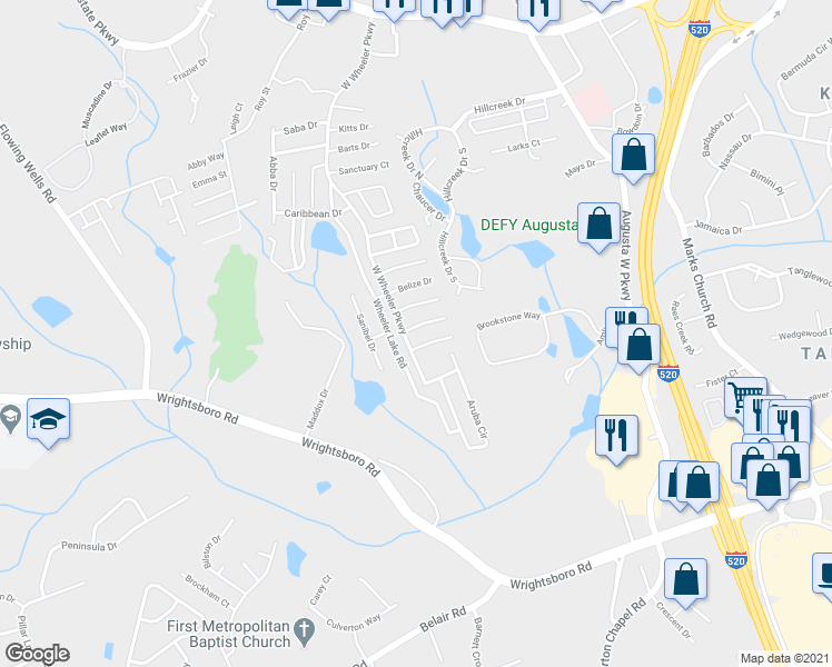 map of restaurants, bars, coffee shops, grocery stores, and more near 7407 Exuma Drive in Augusta