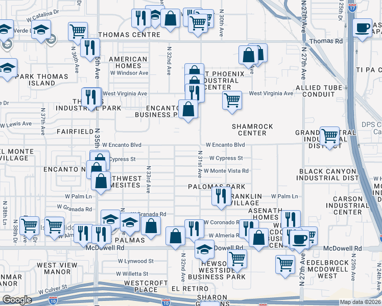 map of restaurants, bars, coffee shops, grocery stores, and more near 3116 W Cypress St in Phoenix
