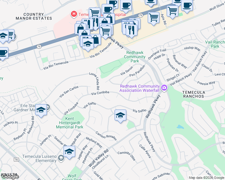 map of restaurants, bars, coffee shops, grocery stores, and more near 31900 Vía Cordoba in Temecula