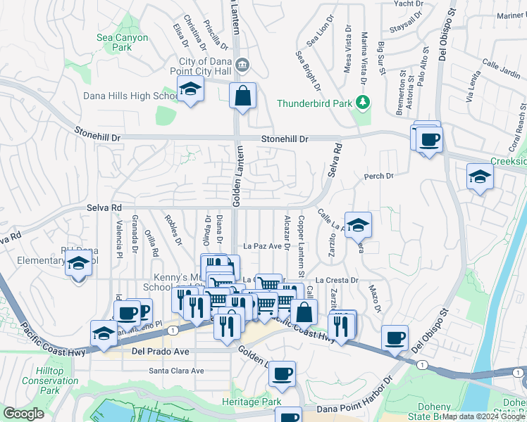 map of restaurants, bars, coffee shops, grocery stores, and more near 33742 Silver Lantern Street in Dana Point
