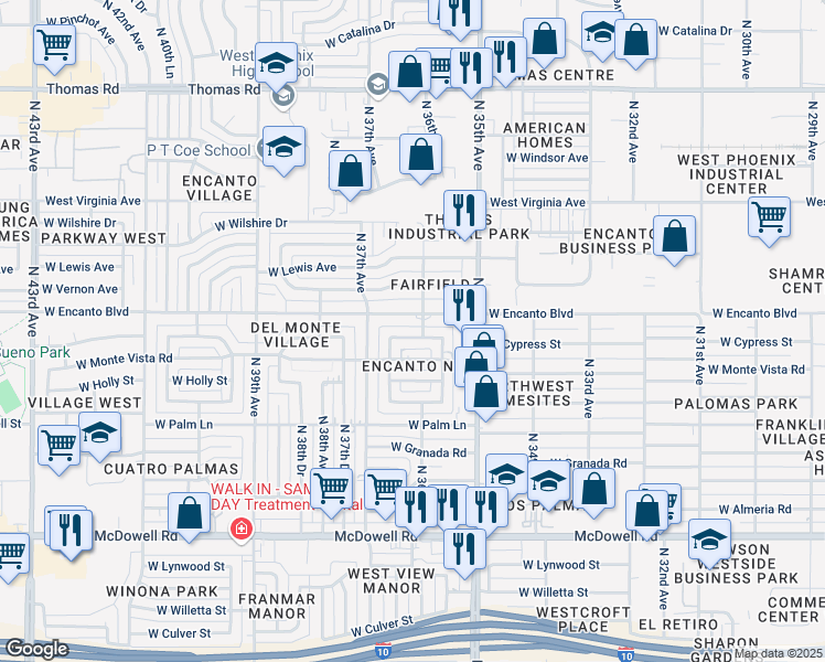 map of restaurants, bars, coffee shops, grocery stores, and more near 3608 West Cypress Street in Phoenix
