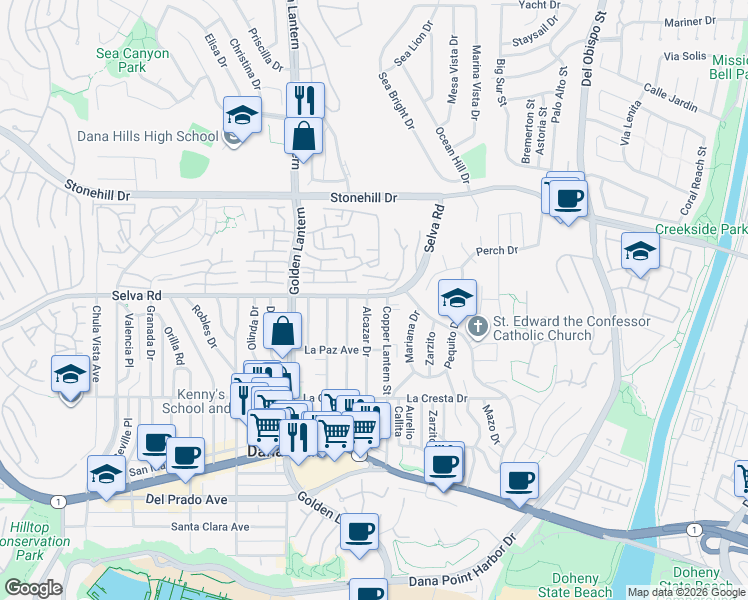 map of restaurants, bars, coffee shops, grocery stores, and more near 33752 Alcazar Drive in Dana Point