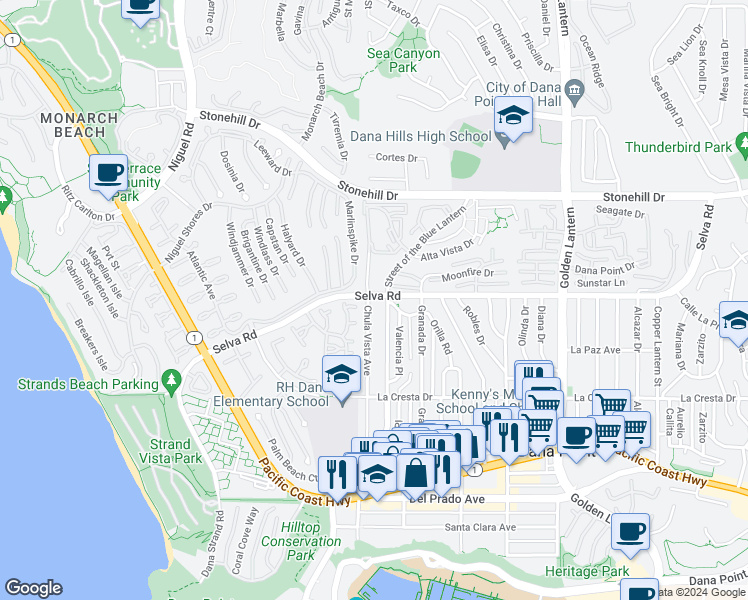 map of restaurants, bars, coffee shops, grocery stores, and more near 24272 Selva Road in Dana Point