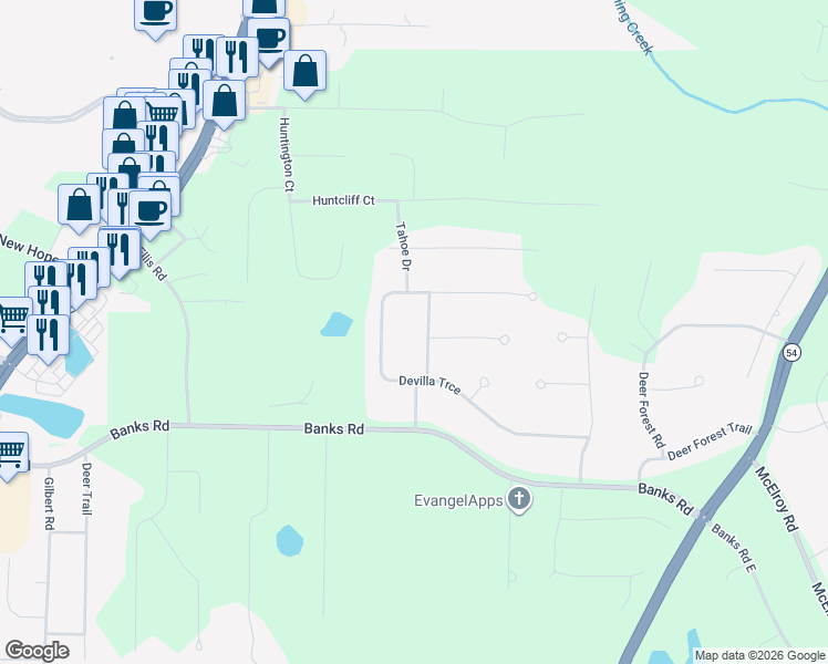 map of restaurants, bars, coffee shops, grocery stores, and more near 110 Ponderosa Trce in Fayetteville