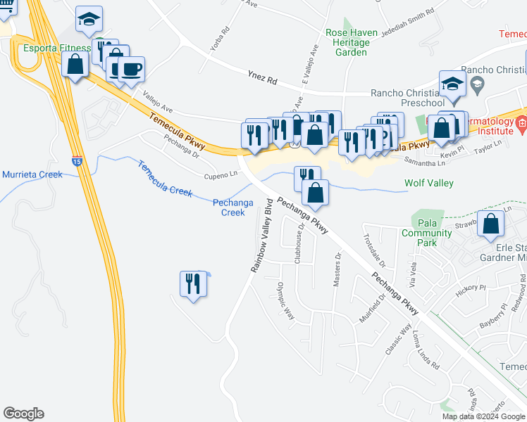 map of restaurants, bars, coffee shops, grocery stores, and more near 45036 Putting Green Court in Temecula