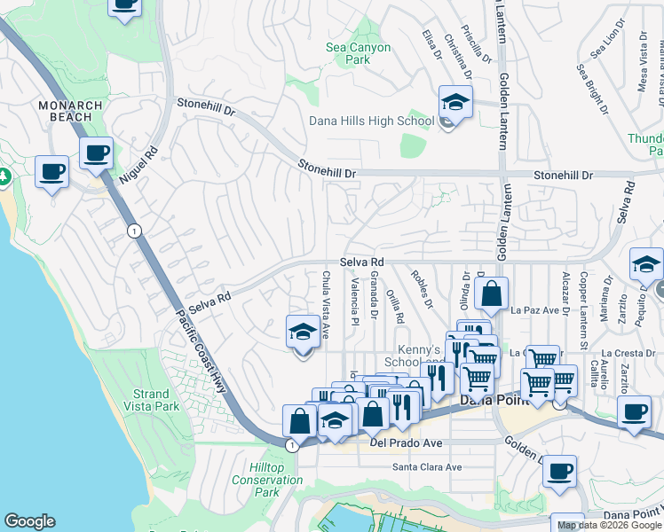 map of restaurants, bars, coffee shops, grocery stores, and more near 24272 Selva Road in Dana Point