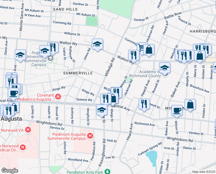 map of restaurants, bars, coffee shops, grocery stores, and more near 2133 Mcdowell St in Augusta