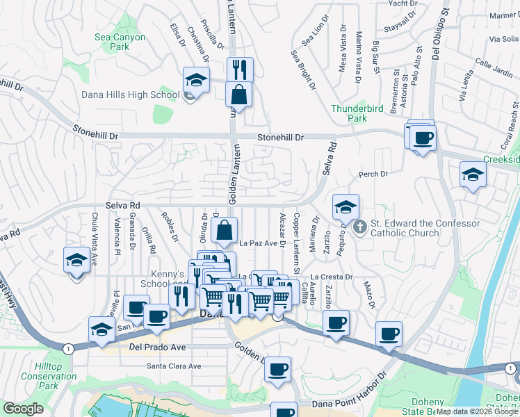 map of restaurants, bars, coffee shops, grocery stores, and more near 33752 Silver Lantern Street in Dana Point