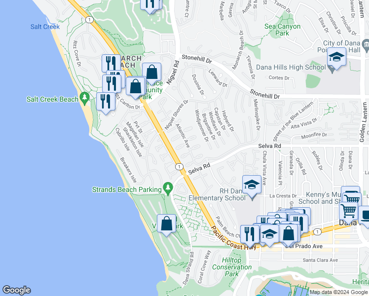 map of restaurants, bars, coffee shops, grocery stores, and more near 23862 Marmara Bay in Dana Point