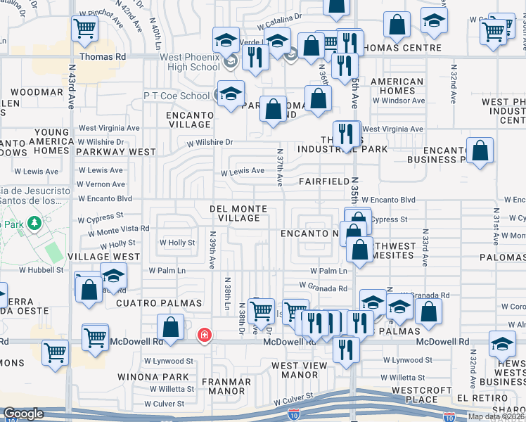 map of restaurants, bars, coffee shops, grocery stores, and more near 3728 West Cypress Street in Phoenix