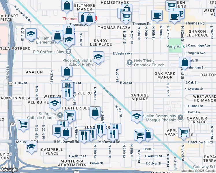 map of restaurants, bars, coffee shops, grocery stores, and more near 2222 North 27th Street in Phoenix