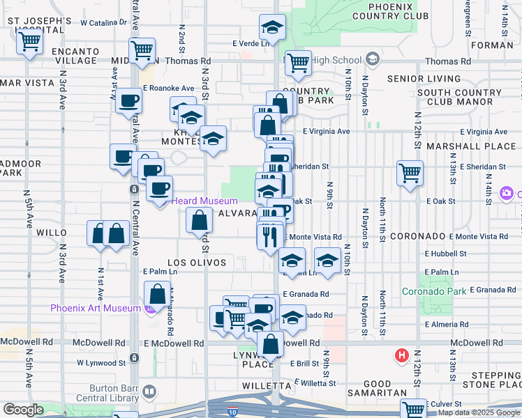 map of restaurants, bars, coffee shops, grocery stores, and more near 376 East Alvarado Road in Phoenix