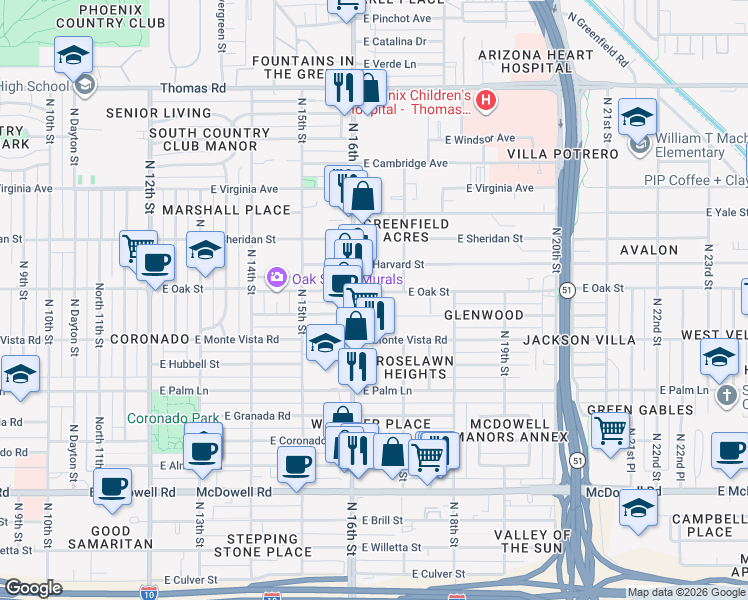 map of restaurants, bars, coffee shops, grocery stores, and more near in Phoenix