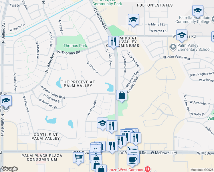map of restaurants, bars, coffee shops, grocery stores, and more near 13126 Palm Valley Boulevard in Goodyear