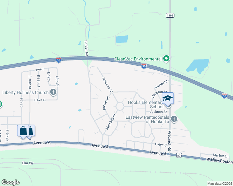 map of restaurants, bars, coffee shops, grocery stores, and more near 204 Roosevelt in Hooks