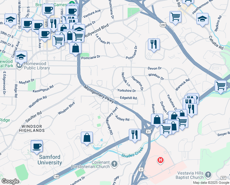 map of restaurants, bars, coffee shops, grocery stores, and more near in Homewood