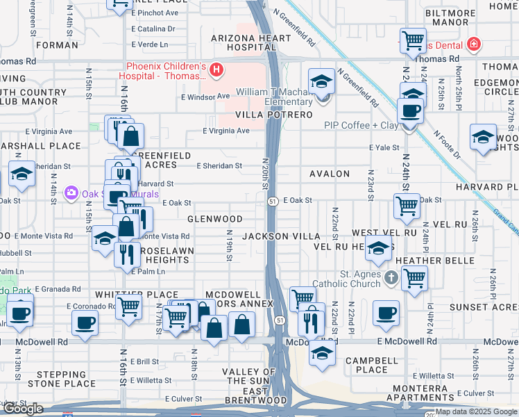 map of restaurants, bars, coffee shops, grocery stores, and more near 1941 East Oak Street in Phoenix