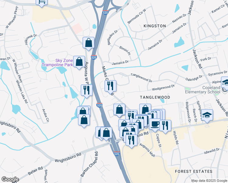 map of restaurants, bars, coffee shops, grocery stores, and more near 1294 Marks Church Road in Augusta