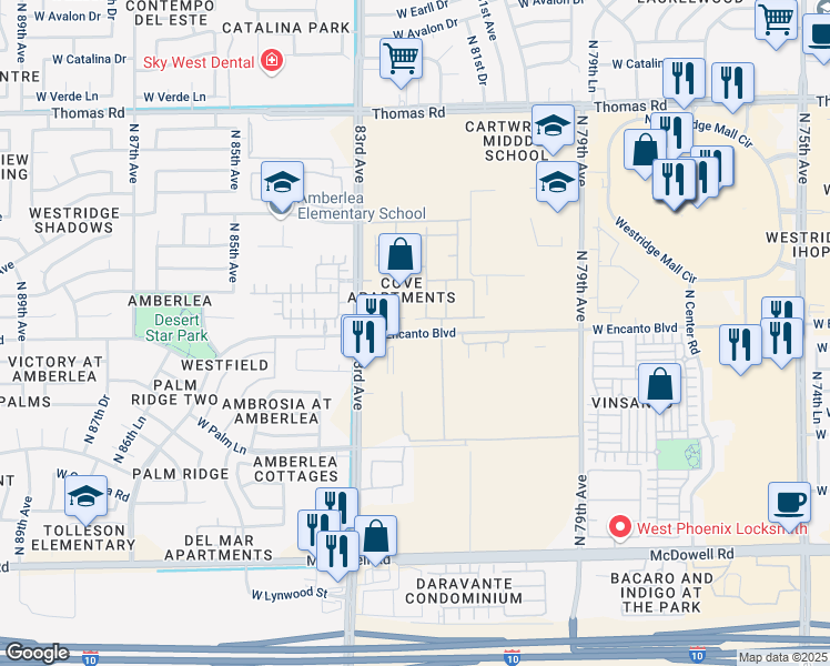 map of restaurants, bars, coffee shops, grocery stores, and more near 8225 West Encanto Boulevard in Phoenix