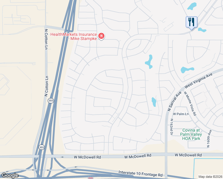 map of restaurants, bars, coffee shops, grocery stores, and more near 16690 West Sheridan Street in Goodyear